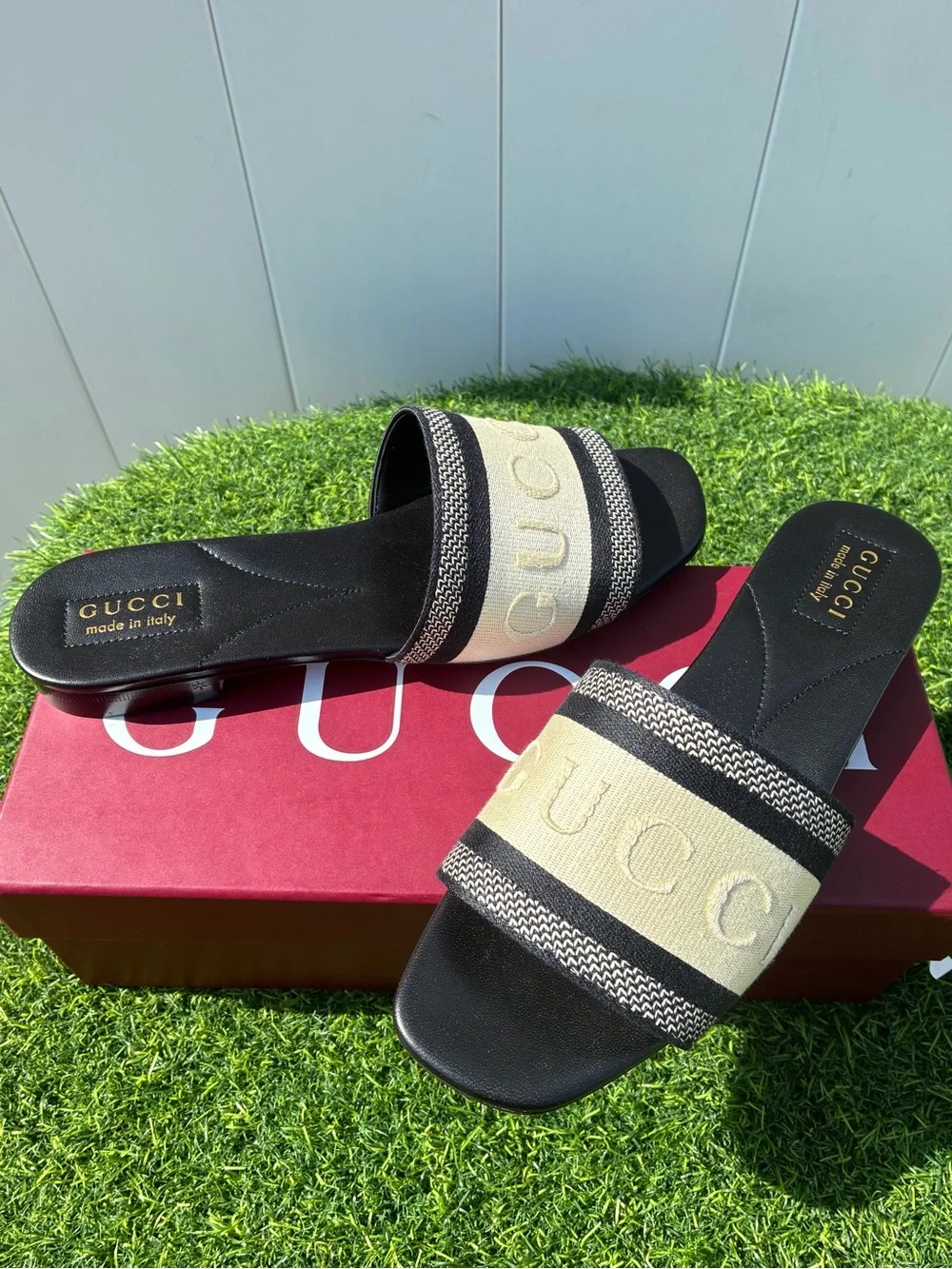 GUCCI JANE EMBROIDERED LOGO BLACK IVORY JACQUARD LEATHER SANDALS SZ 39.5 NEW